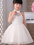 A-line/Princess Halter Sleeveless Beading Tulle Knee-Length Flower Girl Dresses TPP0007606