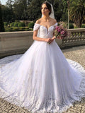 Ball Gown Tulle Applique Off-the-Shoulder Sleeveless Court Train Wedding Dresses TPP0006987