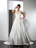A-Line/Princess Halter Hand-Made Flower Sleeveless Long Satin Wedding Dresses TPP0006918