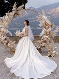 A-Line/Princess Straps Sleeveless Satin Ruffles Court Train Wedding Dresses TPP0006994