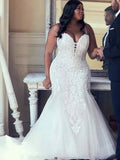 Trumpet/Mermaid Tulle Spaghetti Straps Sleeveless Sweep/Brush Train Applique Plus Size Wedding Dresses TPP0005934