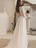 A-Line/Princess Chiffon Lace Scoop Long Sleeves Sweep/Brush Train Wedding Dresses TPP0006575