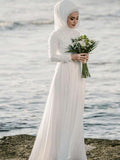 A-Line/Princess Jewel Long Sleeves Floor-Length Applique Chiffon Wedding Dresses TPP0006977