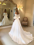 A-Line/Princess Off-the-Shoulder Charmeuse Ruffles 3/4 Sleeves Court Train Wedding Dresses TPP0006955
