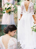 A-Line/Princess 1/2 Sleeves V-neck Floor-Length Applique Lace Chiffon Wedding Dresses TPP0006413