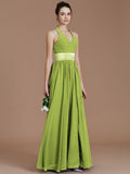 A-Line/Princess Halter Sleeveless Sash/Ribbon/Belt Floor-Length Chiffon Bridesmaid Dresses TPP0005410