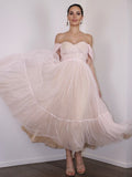 A-Line/Princess Lace Ruched Off-the-Shoulder Sleeveless Tea-Length Homecoming Dresses TPP0004739