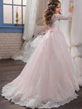 Ball Gown Jewel Long Sleeves Lace Sweep/Brush Train Tulle Flower Girl Dresses TPP0007614
