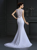 Sheath/Column V-neck Lace Sleeveless Long Satin Wedding Dresses TPP0006643