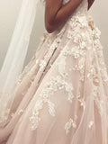 A-Line/Princess Tulle Applique Spaghetti Straps Sleeveless Court Train Wedding Dresses TPP0006841