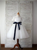 A-line/Princess Scoop 1/2 Sleeves Sash/Ribbon/Belt Tea-Length Tulle Flower Girl Dresses TPP0007629
