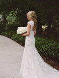 Sheath/Column V-neck Short Sleeves Applique Court Train Lace Wedding Dresses TPP0006234