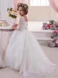 Ball Gown Jewel Long Sleeves Lace Sweep/Brush Train Satin Flower Girl Dresses TPP0007605