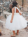A-Line/Princess Sleeveless Halter Tea-Length Ruffles Tulle Flower Girl Dresses TPP0007654