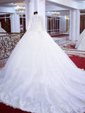 Ball Gown Lace Tulle High Neck Long Sleeves Chapel Train Wedding Dresses TPP0006420