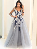 A-Line/Princess V-Neck Long Sleeves Applique Tulle Floor-Length Dresses TPP0001794
