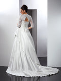 A-Line/Princess V-neck Applique 1/2 Sleeves Long Satin Wedding Dresses TPP0006567