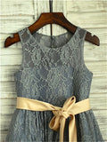 A-line/Princess Scoop Sleeveless Sash/Ribbon/Belt Tea-Length Lace Flower Girl Dresses TPP0007716