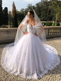 Ball Gown Tulle Applique Off-the-Shoulder Sleeveless Court Train Wedding Dresses TPP0006987