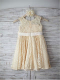 A-line/Princess Sleeveless Scoop Bowknot Knee-Length Lace Flower Girl Dresses TPP0007627
