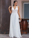 A-Line/Princess Chiffon Lace V-neck Sleeveless Sweep/Brush Train Wedding Dresses TPP0005903