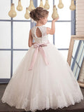 Ball Gown Sleeveless Scoop Sash/Ribbon/Belt Floor-Length Tulle Flower Girl Dresses TPP0007603