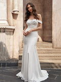 Trumpet/Mermaid Stretch Crepe Off-the-Shoulder Ruched Sleeveless Sweep/Brush Train Wedding Dresses TPP0005918