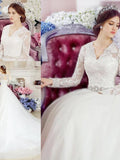 A-Line/Princess Long Sleeves V-neck Cathedral Train Applique Lace Tulle Wedding Dresses TPP0006776