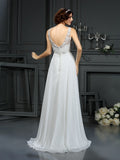 A-Line/Princess V-neck Lace Sleeveless Long Chiffon Wedding Dresses TPP0006576