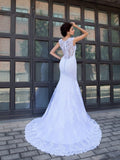 Trumpet/Mermaid V-neck Applique Sleeveless Long Satin Wedding Dresses TPP0006208