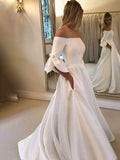 A-Line/Princess Off-the-Shoulder Charmeuse Ruffles 3/4 Sleeves Court Train Wedding Dresses TPP0006955