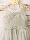 A-line/Princess Scoop Sleeveless Beading Tea-Length Tulle Flower Girl Dresses TPP0007663