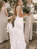 Sheath/Column Ruffles Sweep/Brush Train Sleeveless Straps Lace Wedding Dresses TPP0006913