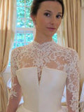 Ball Gown Satin Lace High Neck Long Sleeves Chapel Train Wedding Dresses TPP0006858