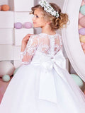 Ball Gown Jewel 1/2 Sleeves Lace Sweep/Brush Train Tulle Flower Girl Dresses TPP0007566