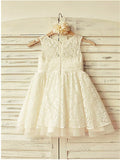 A-line/Princess Scoop Sleeveless Ruffles Tea-Length Lace Flower Girl Dresses TPP0007616