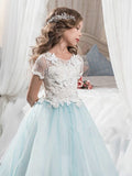 A-line/Princess Scoop Short Sleeves Lace Tulle Floor-Length Flower Girl Dresses TPP0007583