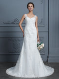 Trumpet/Mermaid V-neck Sleeveless Lace Court Train Tulle Wedding Dresses TPP0006742
