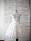 A-line/Princess Scoop Short Sleeves Tea-Length Lace Flower Girl Dresses TPP0007613