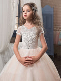 Ball Gown V-neck Short Sleeves Lace Floor-Length Tulle Flower Girl Dresses TPP0007596