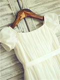 A-line/Princess Square Short Sleeves Ruched Tea-Length Chiffon Flower Girl Dresses TPP0007675