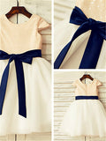 A-line/Princess Scoop Short Sleeves Sequin Knee-Length Tulle Flower Girl Dresses TPP0007588
