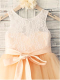 A-line/Princess Sleeveless Scoop Sash/Ribbon/Belt Tea-Length Tulle Flower Girl Dresses TPP0007699