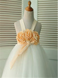 Ball Gown Sleeveless Straps Hand-made Flower Tea-Length Tulle Flower Girl Dresses TPP0007717