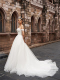 A-Line/Princess Off-the-Shoulder Tulle Sleeveless Ruched Court Train Wedding Dresses TPP0006089