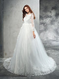 Ball Gown Sheer Neck Hand-Made Flower Long Sleeves Long Net Wedding Dresses TPP0006751