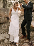 Sheath/Column Ruffles Sweep/Brush Train Sleeveless Straps Lace Wedding Dresses TPP0006913