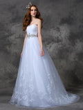 A-line/Princess Sweetheart Beading Sleeveless Long Satin Wedding Dresses TPP0006857