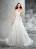 Sheath/Column Sweetheart Applique Sleeveless Long Satin Wedding Dresses TPP0006806