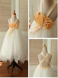 Ball Gown Sleeveless Straps Hand-made Flower Tea-Length Tulle Flower Girl Dresses TPP0007717